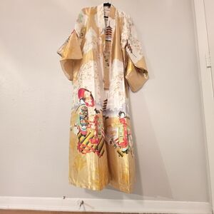 Golden Floral Japanese-Style Long Kimono Robe